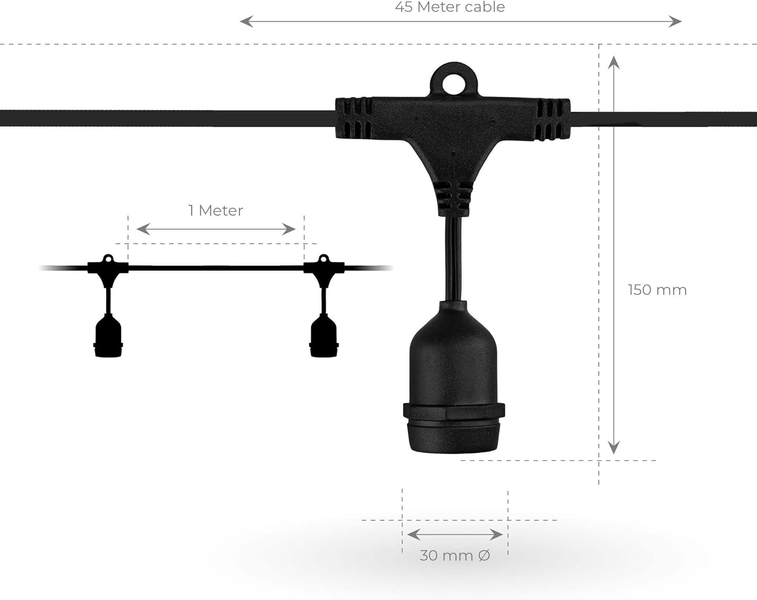 Technical diagram showing the dimensions of the Ledvion LED string light cable and bulb holder, indicating a 45-meter cable length and 1-meter spacing between bulbs.