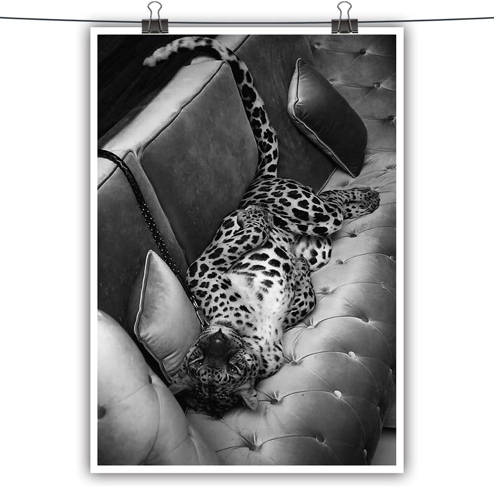 Maximalist Cheetah Posters Funky Panther on The Sofa Wall Art Fashion Black and White Decor Trendy Leopard Print Canvas Vintage Animal Pictures Artwork for Dorm Living Room Batchroom 24x36in Unframed