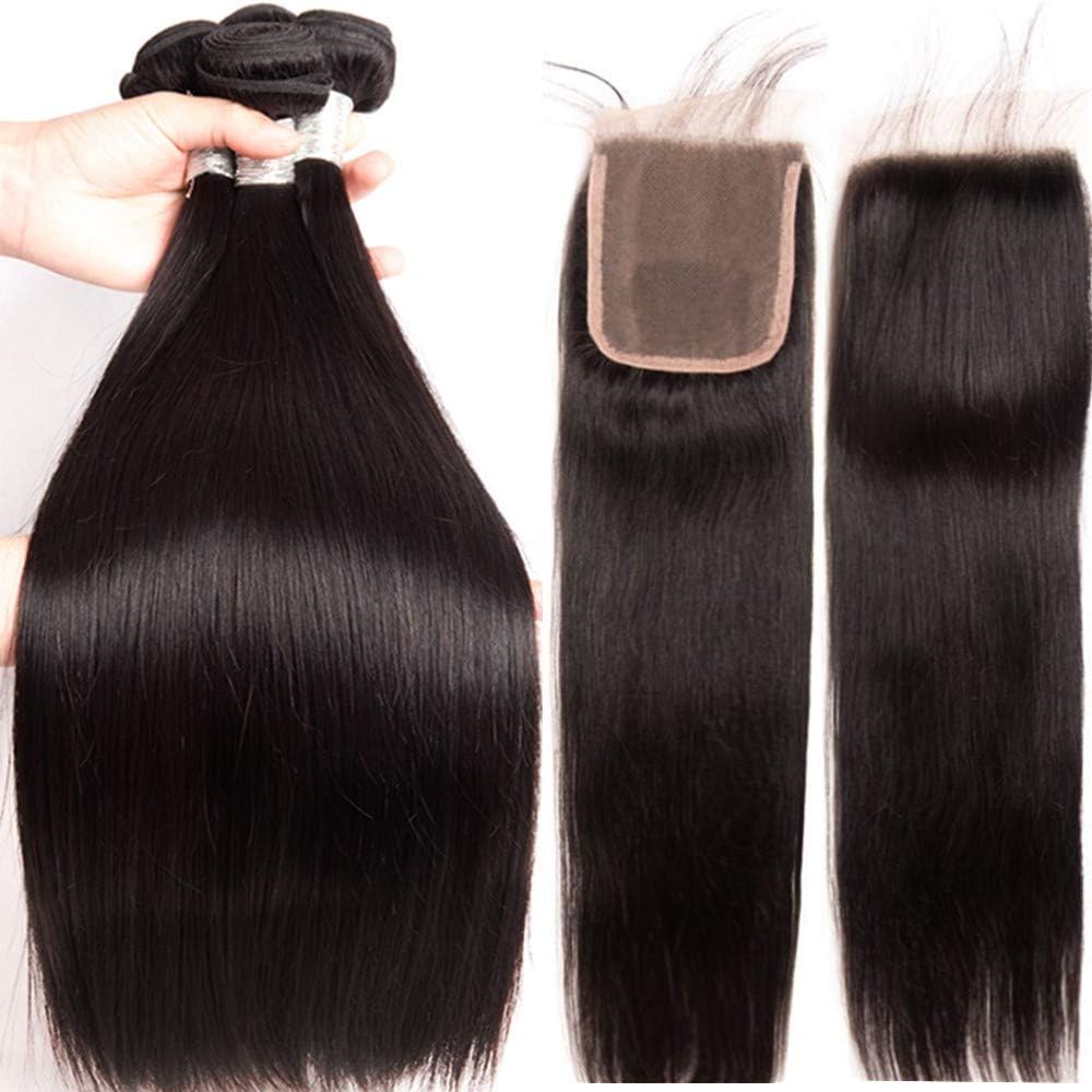 Brazilian Hair Bundles With Closure Straight Virgin Remy Human Hair Bundles And Closure Black Free Part 4x4 Closure (28 28 28 +20 inch Closure,Natural Color)