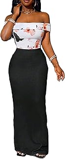 طقم نسائى مكون من قطعتين بلوزة وتنورة بطبعة زهور كاملة مكشوفة الأكتاف للنساء