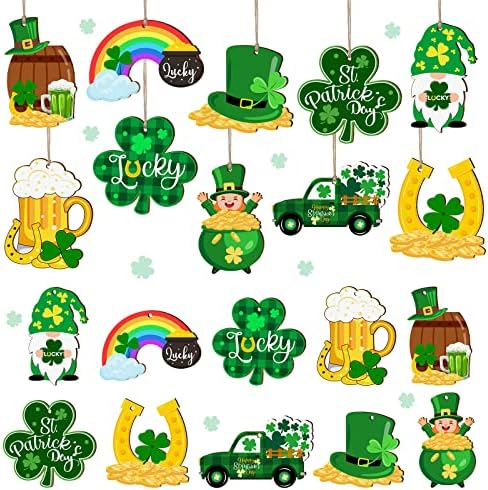 30PCS St. Patrick's Day Wooden Ornaments, 10 Styles Lucky Irish Day Wooden Hanging Ornaments Shamrock Rainbow Hanging Pendant with Ropes for St Patricks Day Decorations