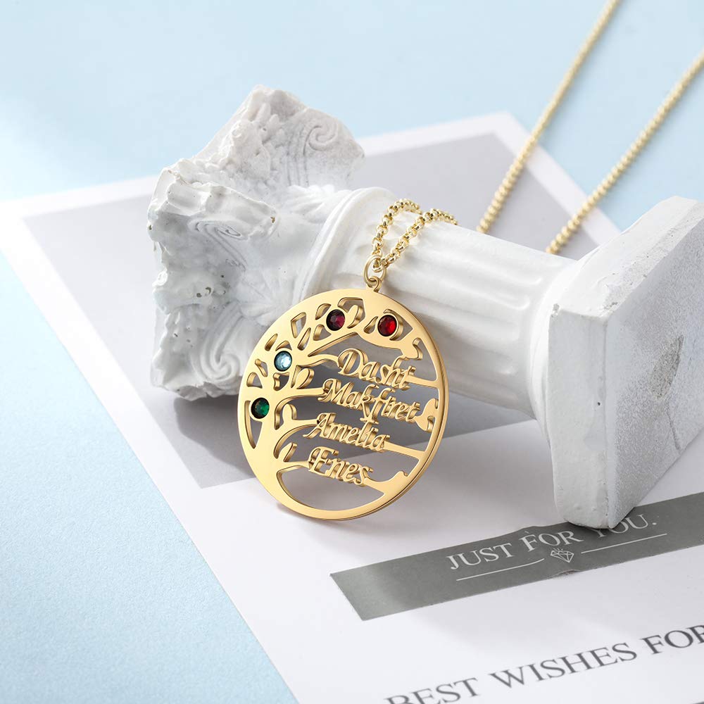 kaululu Collana Donna Albero della vita con Nome Personalizzabile 2-4 Famiglia Bff Nomi Incisione Simulato Pietre Collane Mamma con Nome Ciondolo in 925 Argento Gioielli Compleanno (Gold, 4 name)