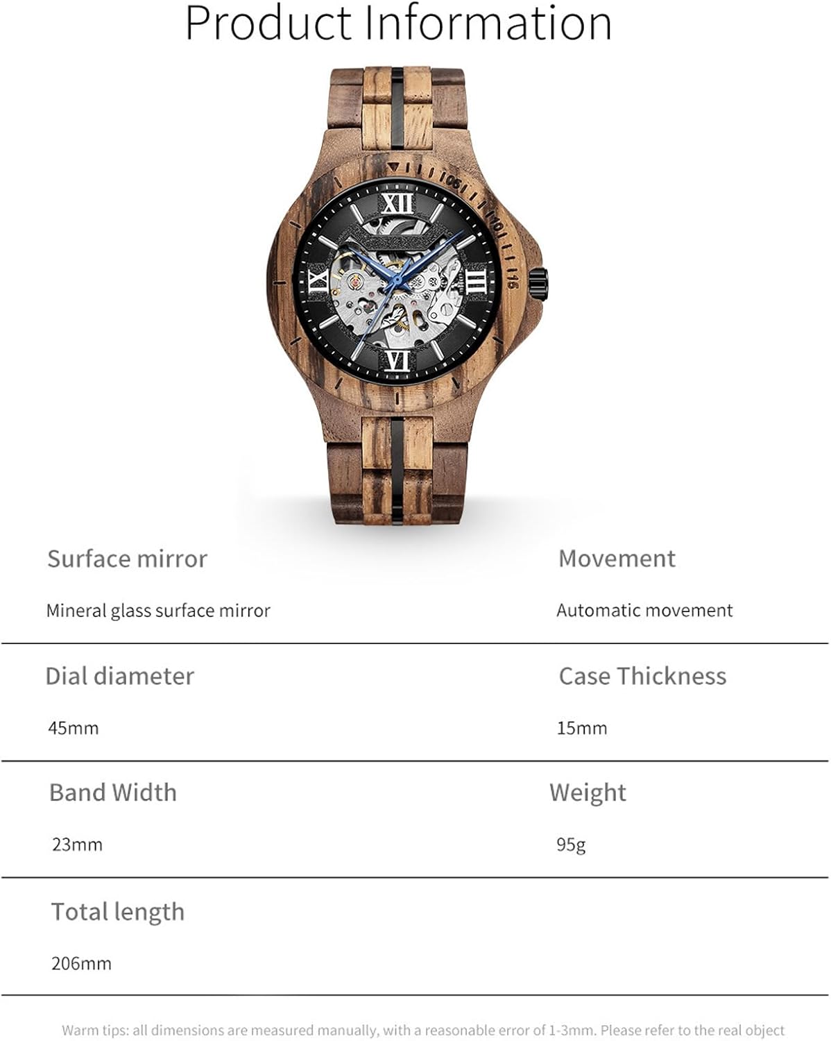 Diagram showing FORSINING watch dimensions and specifications.
