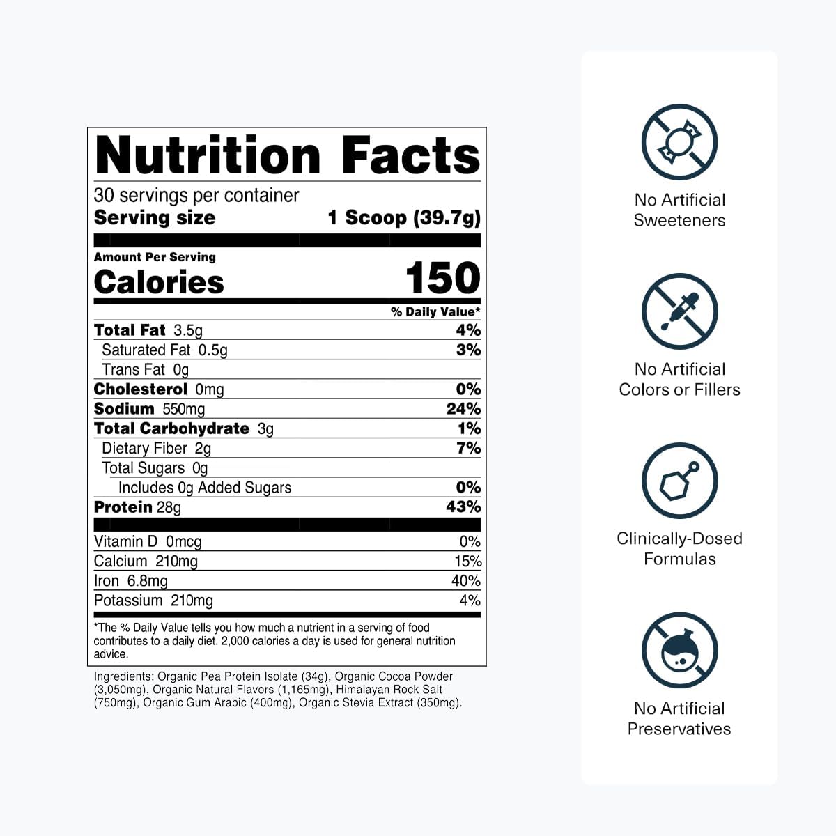 Transparent Labs 100% Pea Protein Powder - 28g Organic Plant Protein per Serving, Clean Pea Isolate Powder, USDA Organic, Vegan, Gluten-Free, Sugar-Free, Non-GMO - 30 Servings, Chocolate - Image 3