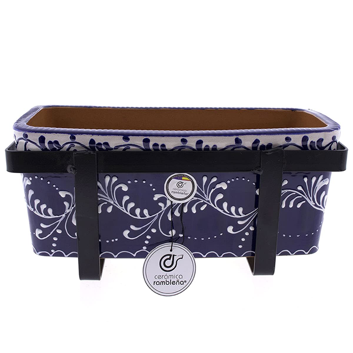 CERÁMICA RAMBLEÑA | Jardinera Rectangular Exterior para Balcón | Cerámica Patio Andaluz | 100% Decorada a Mano | 31x13x13 cm | Soporte Balcón Forja Incluido