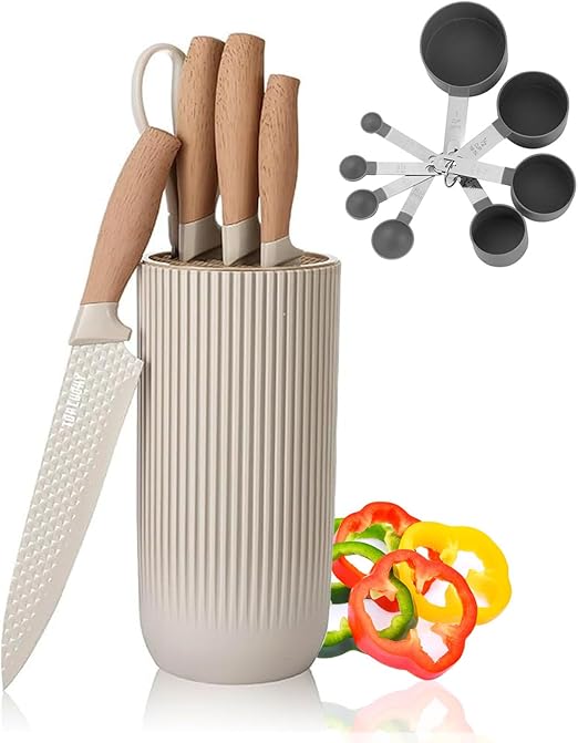 Kitchen Block Knife Sets, 6-Pieces Khaki Chef Knife Set with Removable Round Block, Non-stick & Non-slip Stainless Steel Sharp Knife Set for Restaurant Home Cooking, Gifts for Mom Wife Girl (Khaki)
