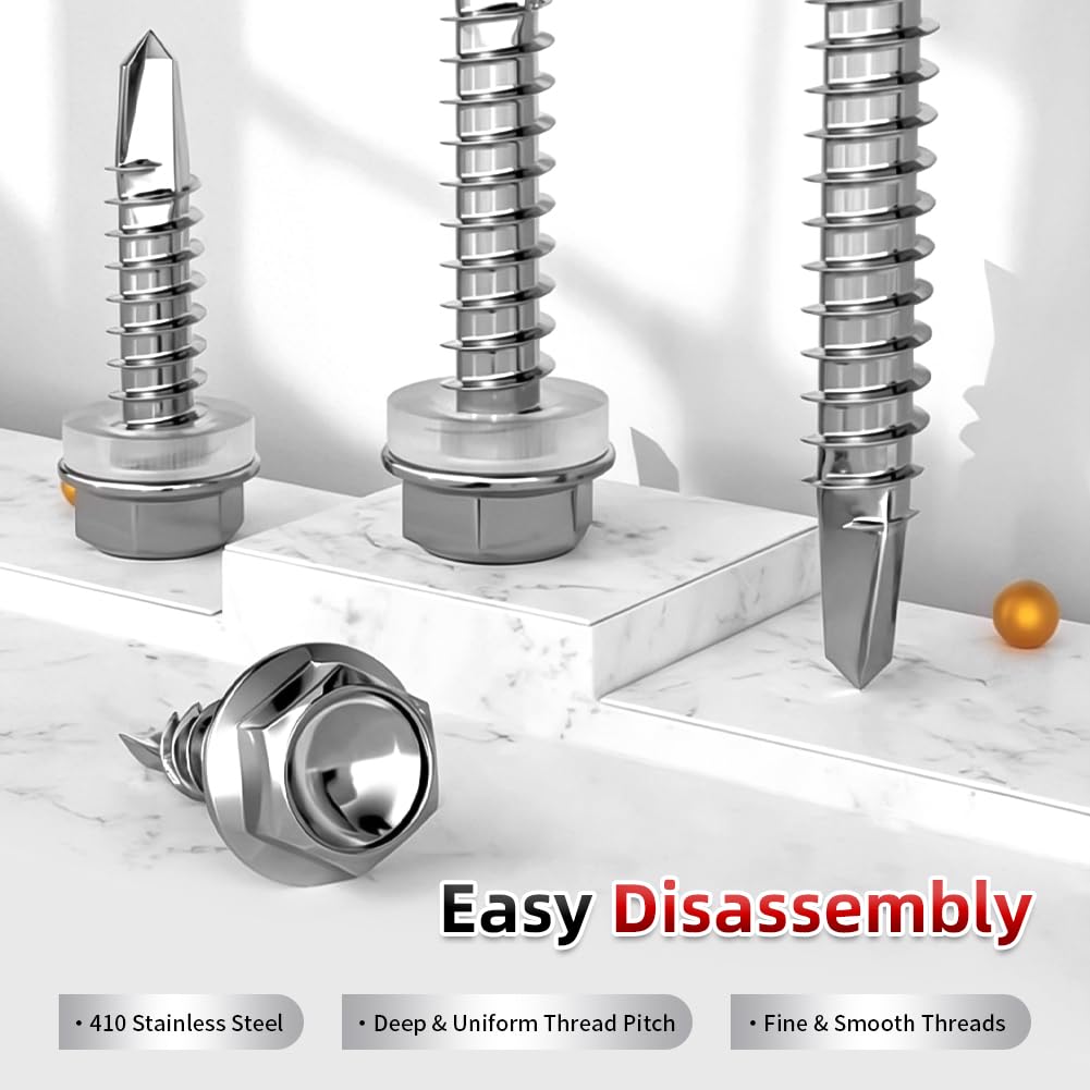 300 tornillos autorroscantes M4.8 x 38 mm, tornillos autorroscantes de cabeza hexagonal con arandela de acero inoxidable 410, kit surtido de tornillos autorroscantes.