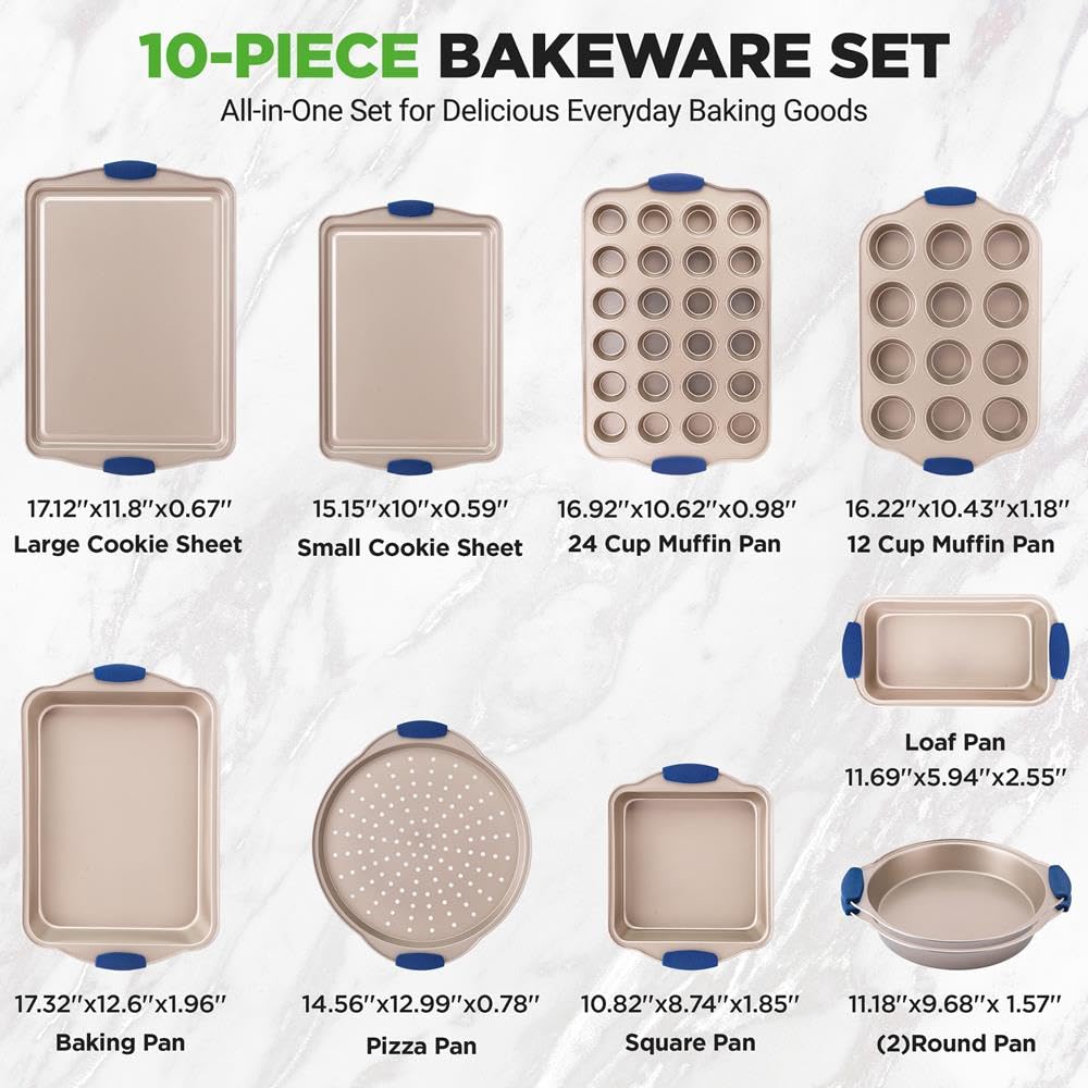 NutriChef Juego de sartenes para horno de cocina con revestimiento dorado antiadherente de lujo en el interior y el exterior de acero al carbono con asas de silicona azul, duradera y fiable, estilo