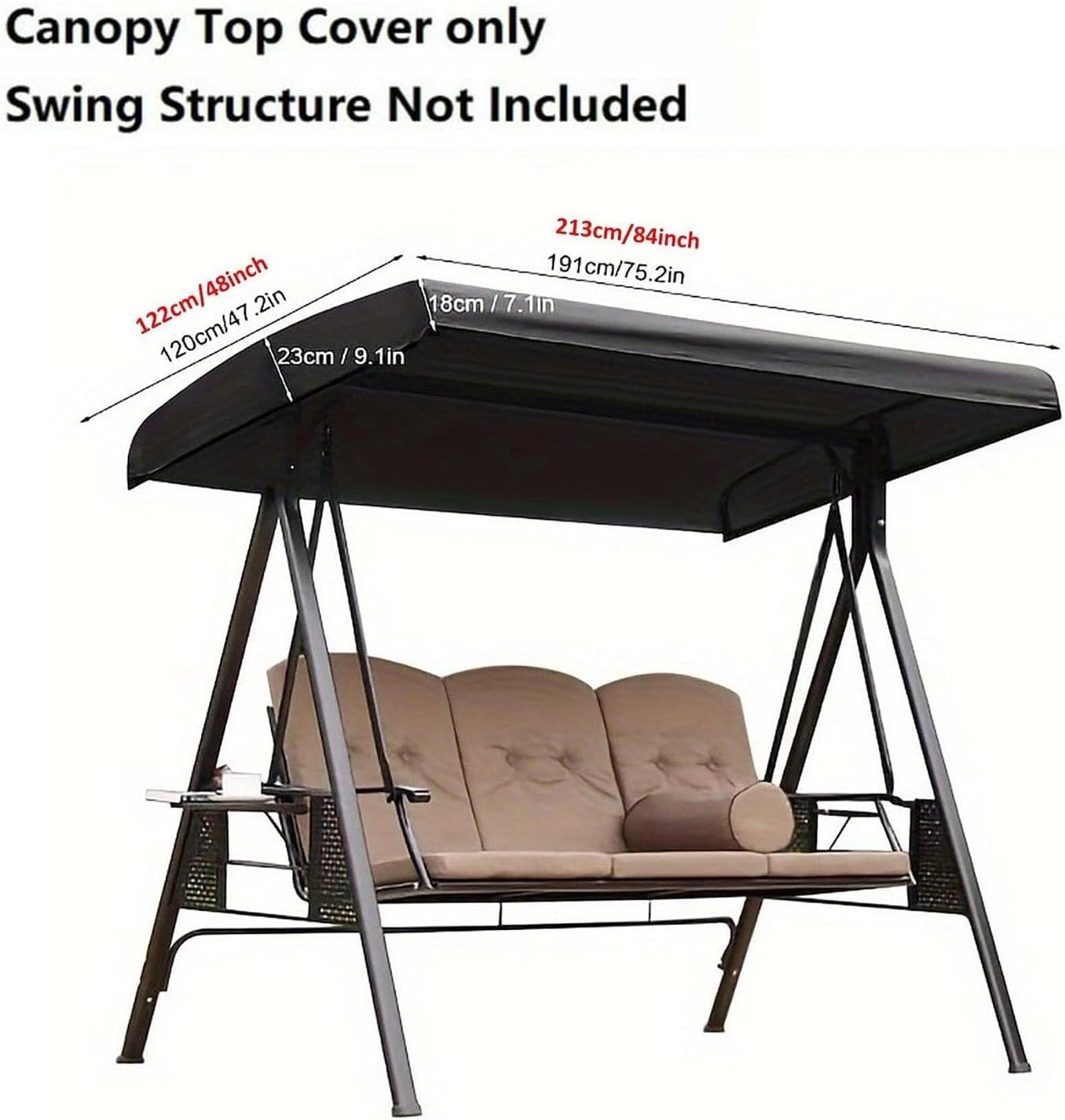 Replacement Canopy for Swing Seat 3 Seater Garden Hammock Cover,190T/210D Oxford Cloth Sunscreen Patio Swing Top Cover for Leisure Reading Picnics Outdoor,Black,210D: 213 * 122 * 18/23cm