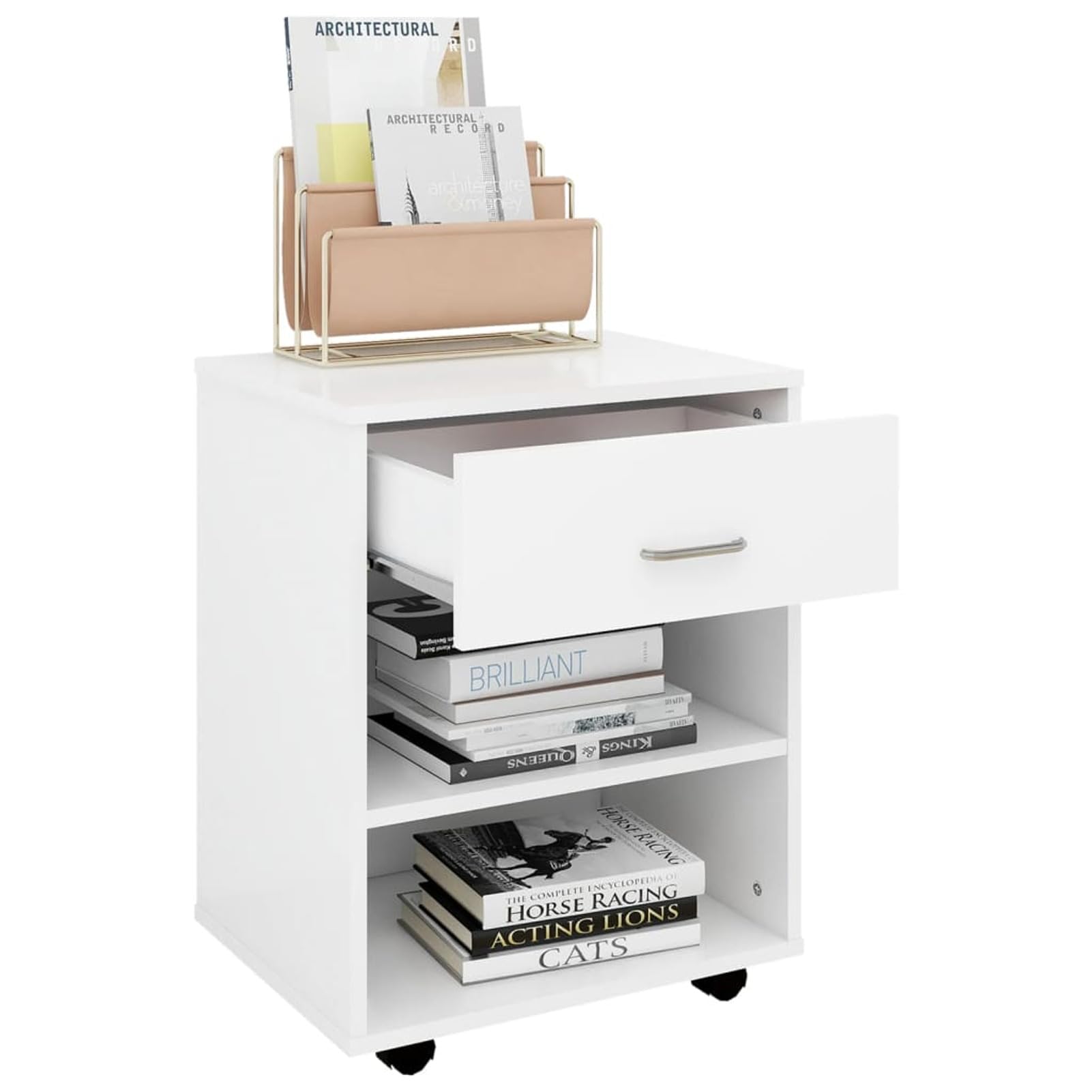 Homgoday Mueble con ruedas blanco, 46 x 36 x 59 cm, de madera contrachapada, mueble de muebles, armario, oficina, mueble de almacenamiento, estantes para ahorrar espacio