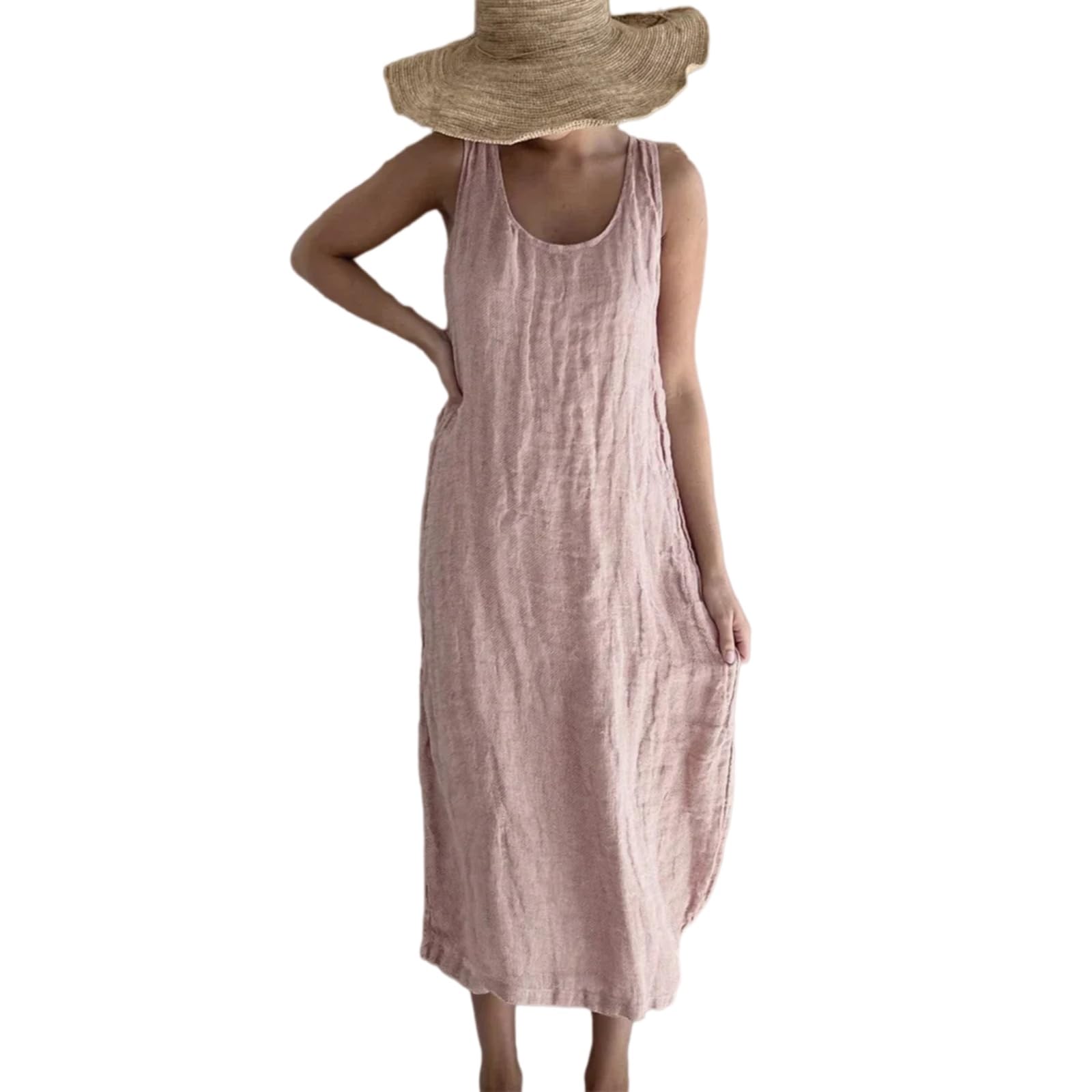 Robe maxi en lin de coton rose XXL sans manches pour l'été décontracté