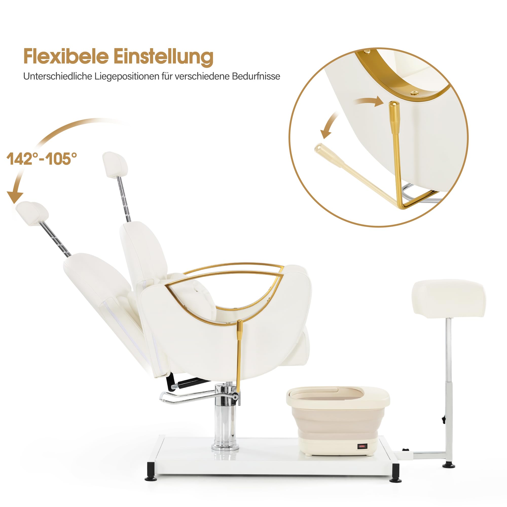 Barberpub Pediküre Stuhl mit Fußbadewanne & Pediküre Hocker, Friseurstuhl mit Goldlackierten Armlehnen, Höhenverstellbar & Kippbar, Fußpflegestuhl für Nagelstudio F0325 (Gold-Weiß)