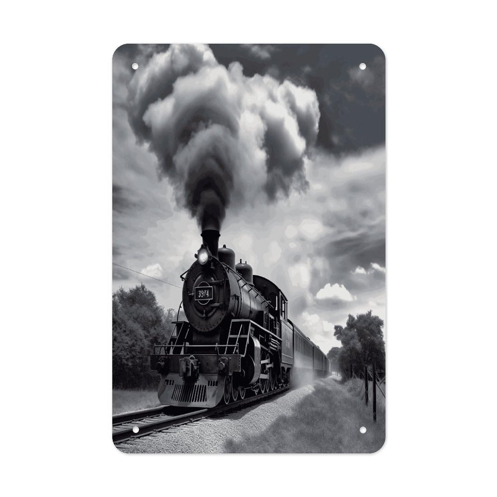 LDGSUPH Steam Train Clouds Wall Art Prints Folded Edge Iron Sheet Painting with Holes for Wall Prints Decorative Picture Metal Signboard Decor Painting for Outdoor Indoor Wall Decor