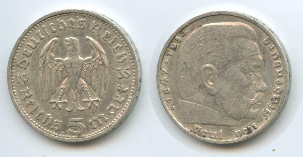 1935-1936 Hindenburg Silver 5 Reichsmark Coin. WW2 Era, Made in Honor of German President and WW1 General. 5 Reichsmark Graded by Seller Circulated Condition