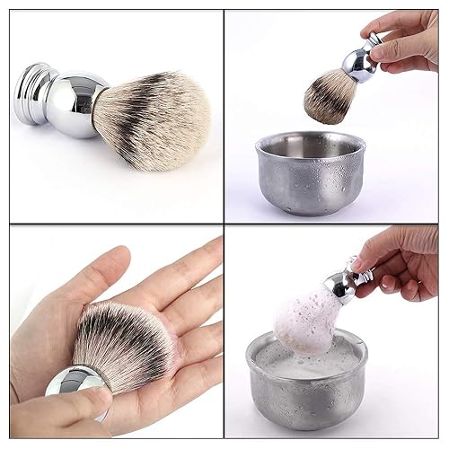 Miniatura 5 de Juego de afeitado para hombre de lujo para afeitado en húmedo 100 plata cepillo de afeitado para tejón soporte de afeitar jabonera