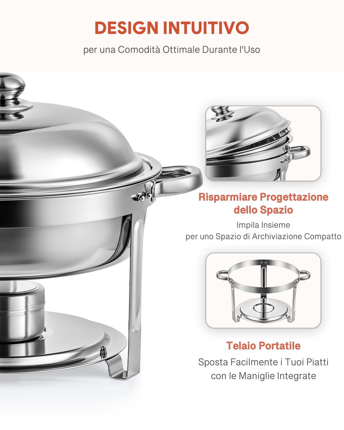 Wilprep 5L Chafing Dish Buffet Rotondo Scaldavivande Rotondo in Acciaio Inox Contenitore Vassoio di Riscaldamento con Coperchi Pentole per Servire per Catering Ristoranti Feste Matrimoni (4 Pezzi)