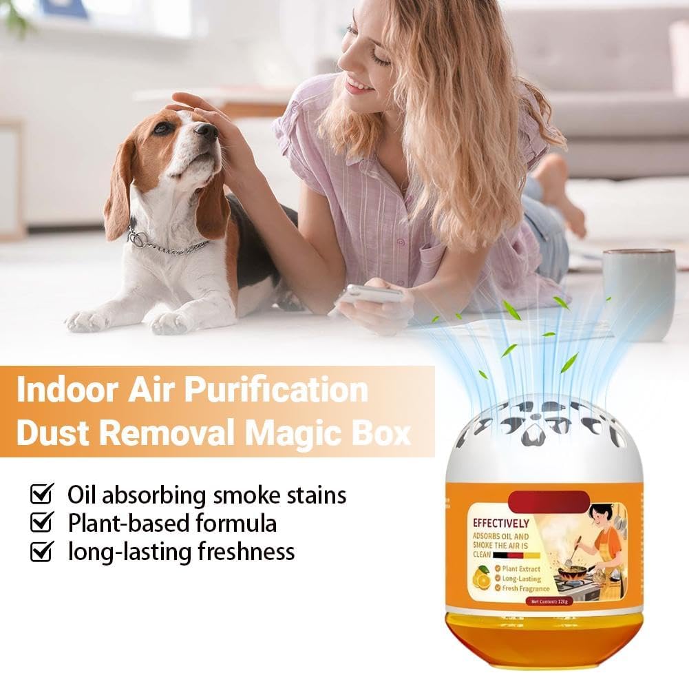 Close-up of the air purifier with text highlighting 'Oil absorbing smoke stains', 'Plant-based formula', and 'long-lasting freshness'.