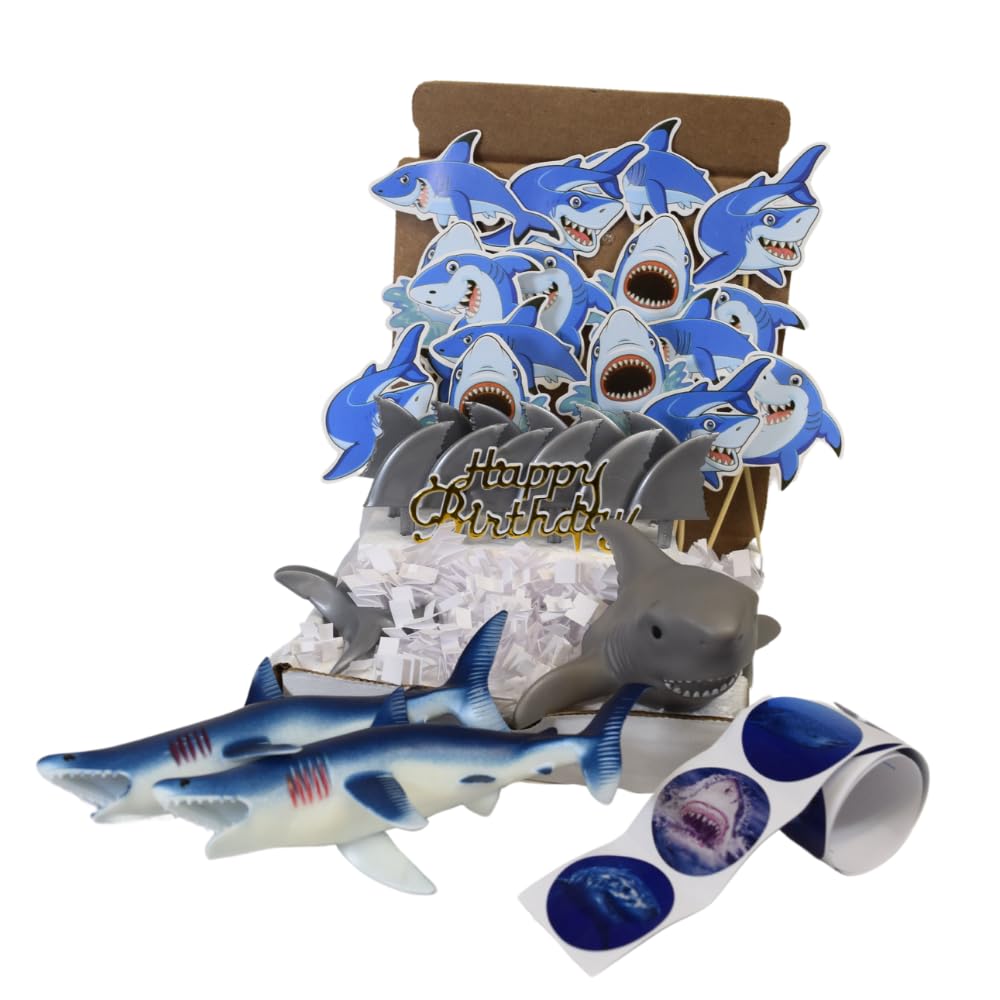 Oasis Supply44 Piece Meg SHARK Cake Toppers Party Kit #6, Includes a Shark Creations Topper, Lg Blue Sharks, Shark Fin Picks, Shark Stickers, Comical Jumping Shark Cupcake Picks, & a Gold HBD Sign