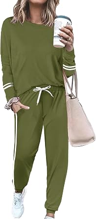 Women 2 Piece Outfits Crew Neck Striped Long Sleeve Casual Sweatsuit Lounge Set Tracksuits Pajama Pullover with Pocket