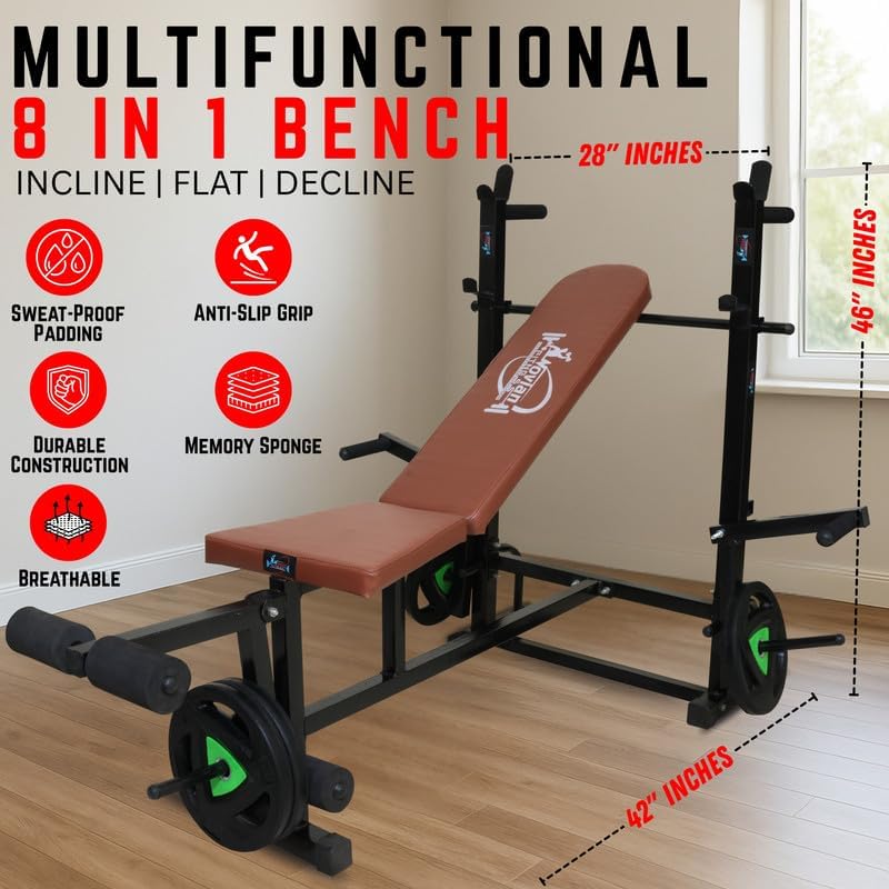 Image of 8 in 1 Strength Multi Gym Bench Adjustable Flat, Incline Decline Bench With Leg Curl & Leg Extension | Gym Bench for Home | Workout Bench Press for Home Gym