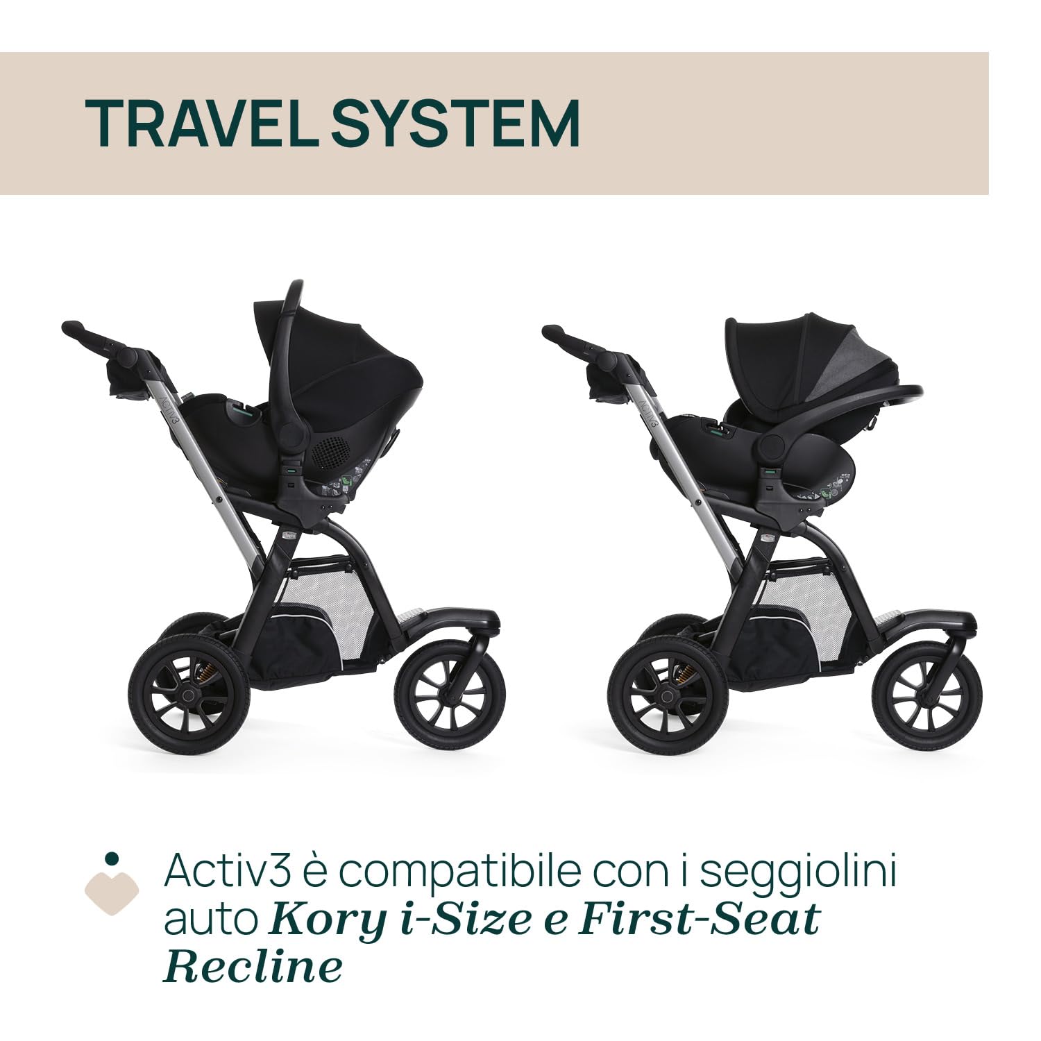 Passeggino Activ3 Con 3 Ruote, Funzionale e Facile da Guidare Su Tutti i Terreni, Seduta Ampia, Schienale Reclinabile, Chiusura Pratica e Veloce, Ammortizzatori Regolabili, 0 Mesi+, Ebony