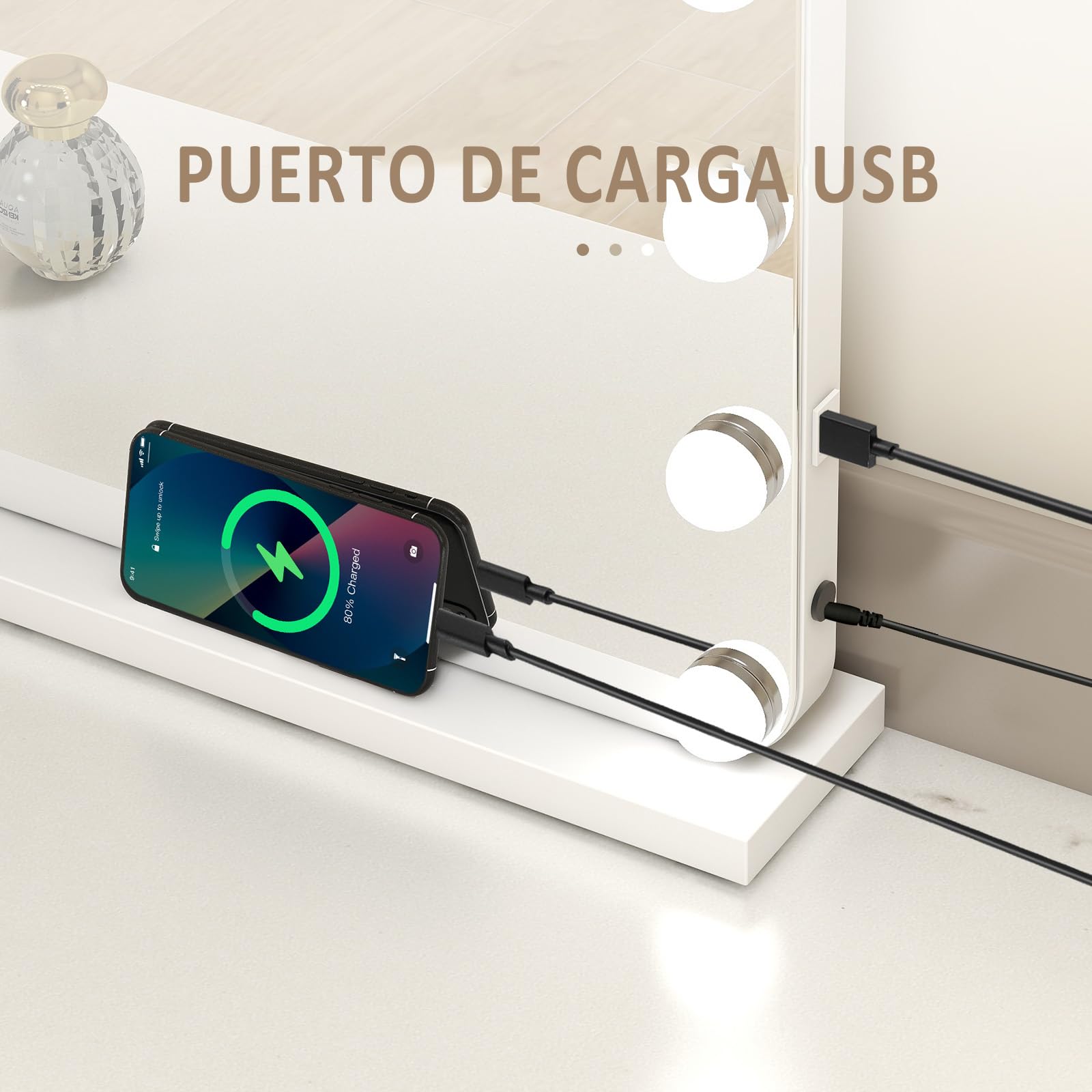 YU YUSING Hollywood Espejo Maquillaje con Luz 15 LED, 58x45 cm, 3 Modos Iluminación Regulables, Espejo Tocador, Controles Táctiles, USB, 10x, Espejos de Mesa Tocador Dormitorio, Esquinas Redondas