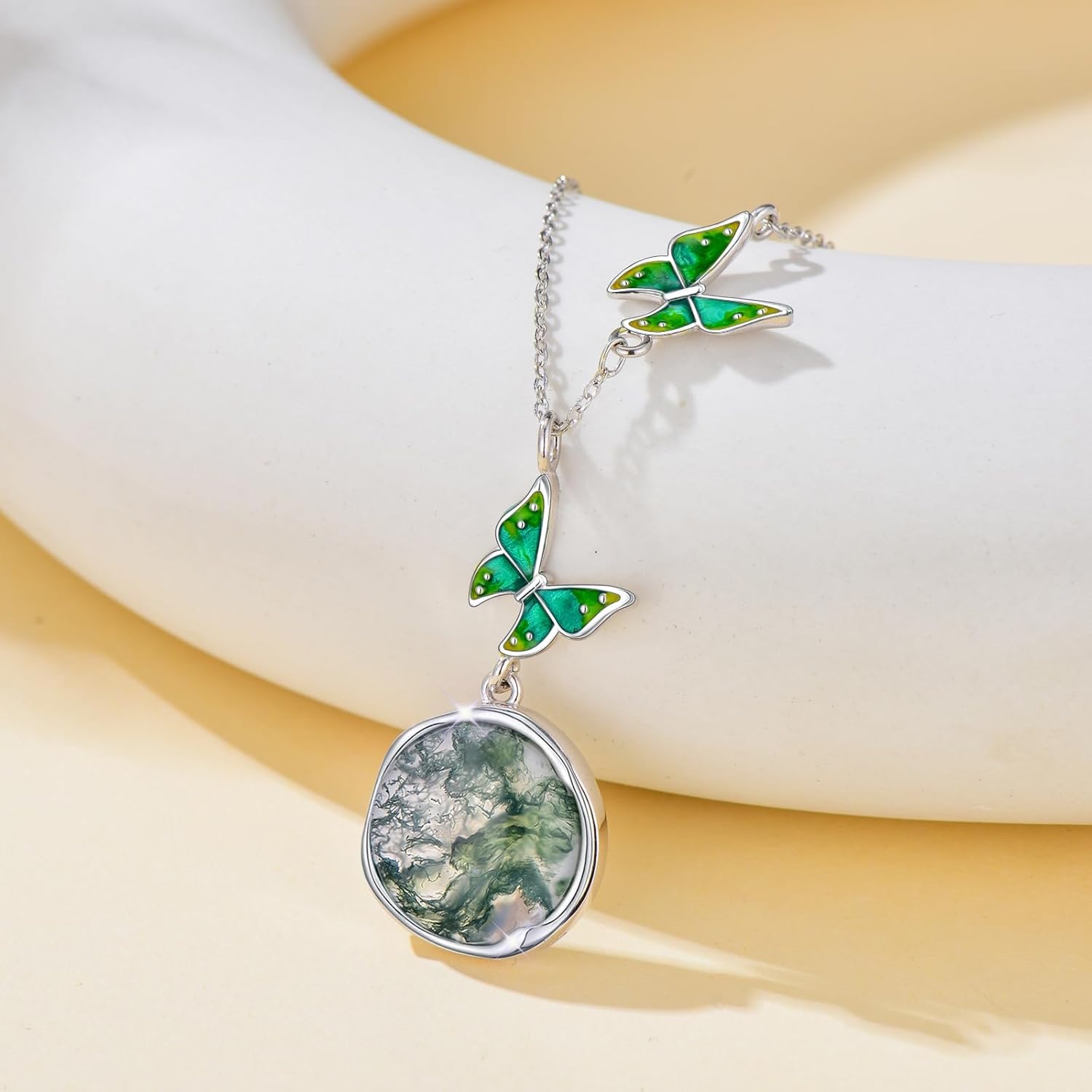 Butterfly Necklace Natural Moss Agate Necklace for Women Sterling Silver Butterfly Moss Agate Pendant Round Anniversary Birthday Mother's Day for Wife Mom - Image 5