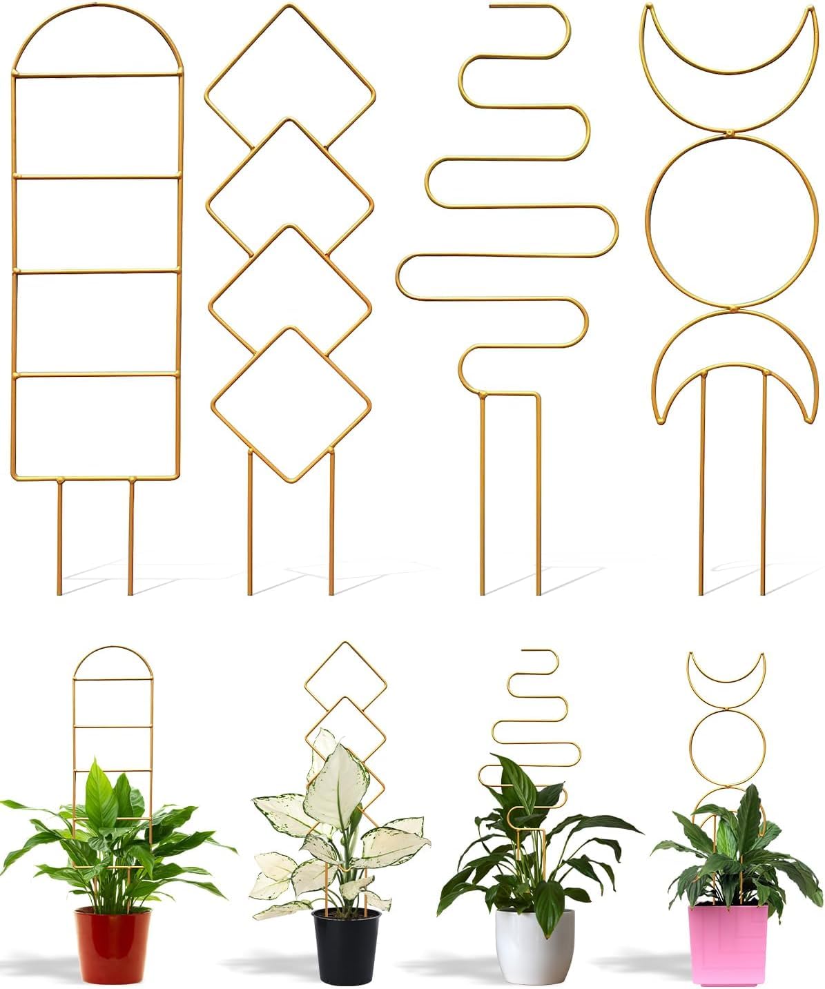 Gold Plant Trellis for Plants - Decorative Metal Plant Support Stakes for Potted Vines, Monstera, Ivy, Hoya, Arch Diamond Wave Moon Phase Plant Trellises for Home Garden Decor Pack of 4, Golden-picture-13
