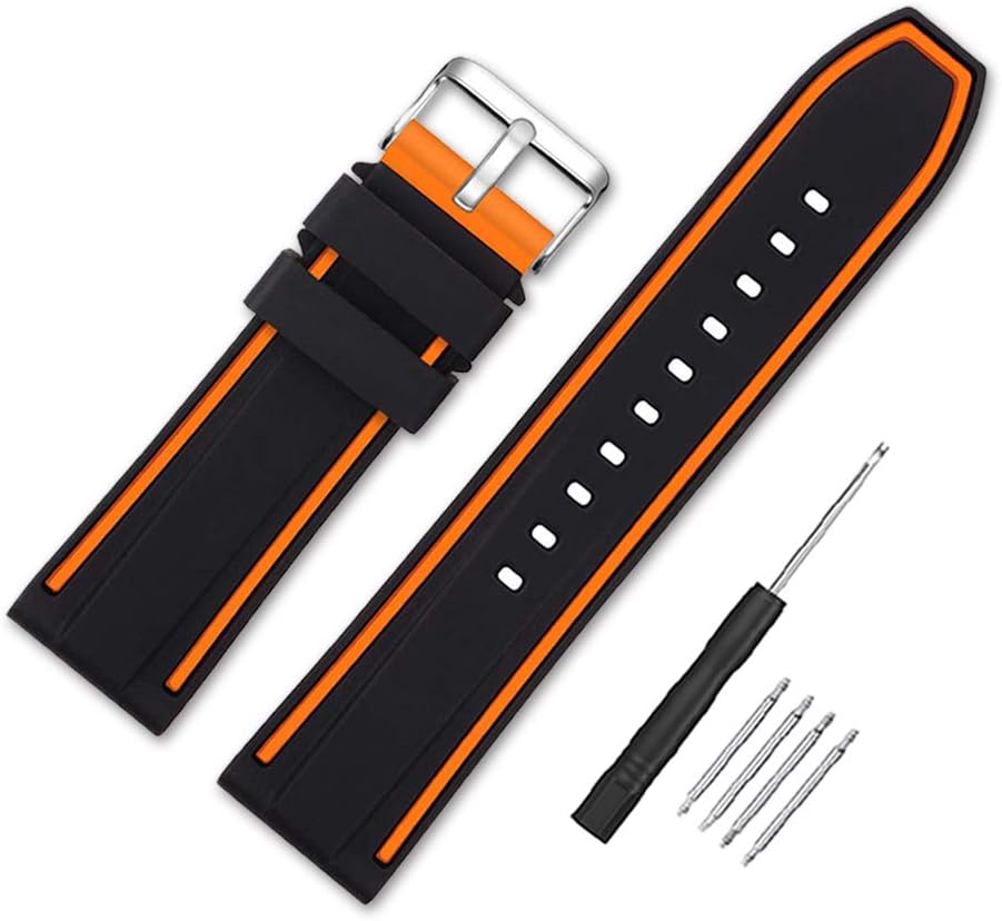 Silicone Watch Bands Divers Model Replacement Rubber Sport Watch Strap 20mm 22mm 24mm 26mm Waterproof Line Silver Buckle for Men and Women Orange 22mm