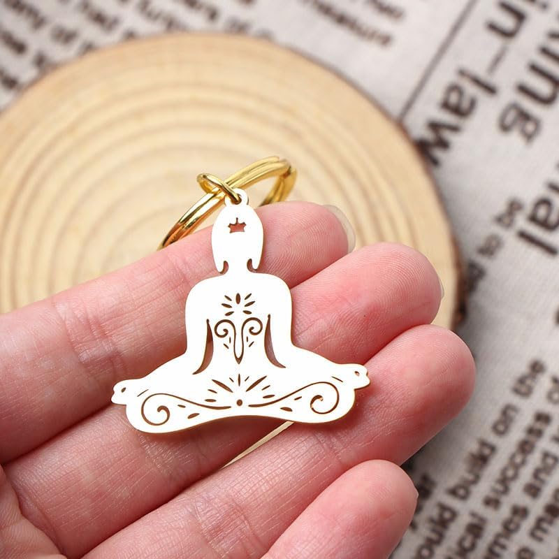 2Pcs Exquisite Buddhist Meditation Pendant Stainless Steel Keychain for Men Women Yoga Lover Key Chains Amulet Accessories image 4