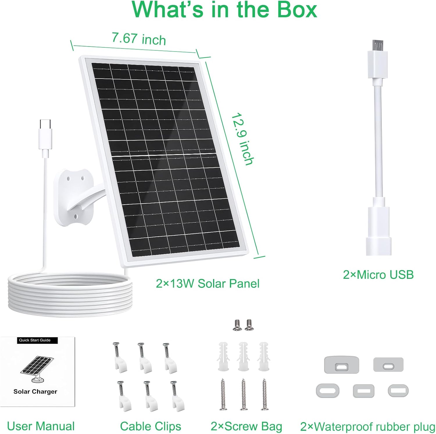 FUTUREZEN 13W Solar Panel for Eufy Camera, 5V USB/USB-C Solar Charger Compatible with Eufycam 2C/2C Pro/2/2 Pro/E20/E40/E, IP66 Waterproof, 360° Adjustable Mount, 7.2ft Charging Cable, 2 Pack