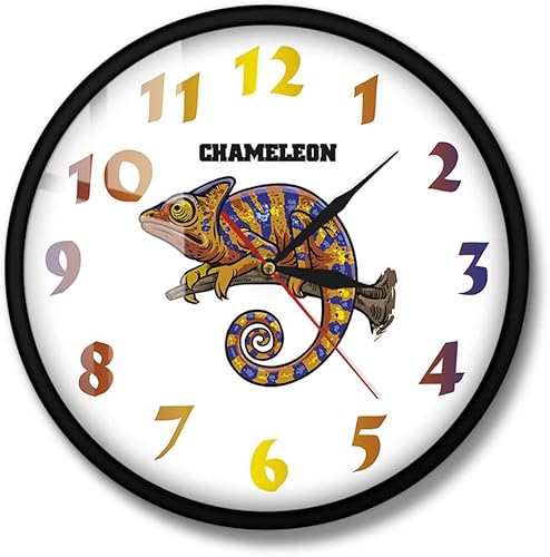 Reloj de pared con marco de metal simple con estampado de camaleón, lagarto animal, arte surrealista, decoración de pared de cocina, reptil,
