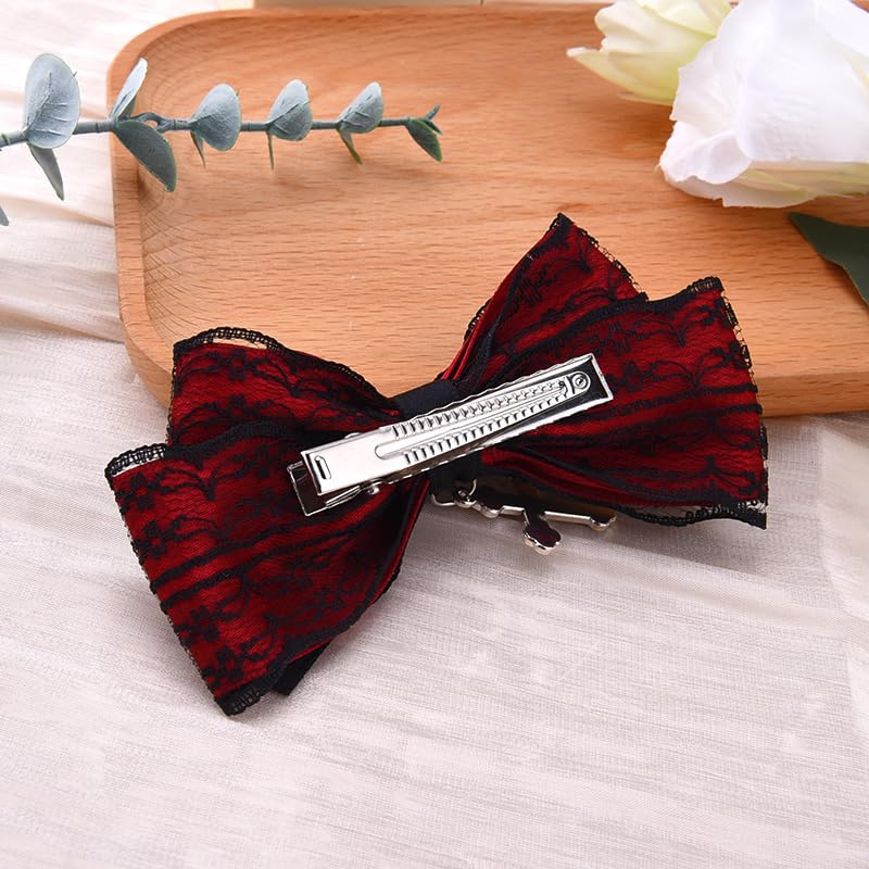 Gothic Lace Bow Hair Clip with Cross Pendant Halloween Cosplay Hair Accessories for Women Red Black Bowknot Hairclip for Girls Goth Halloween Party Hairpins - Image 3