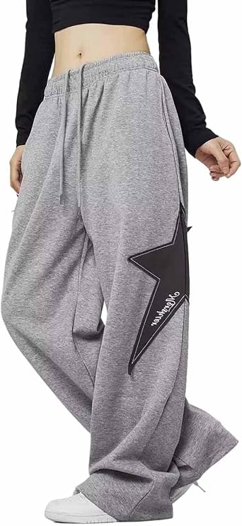 Female Star Printed Sports Pants Y2K Drawstring Elastic Waist Jogging Pants Street Loose Straight Leg Pants