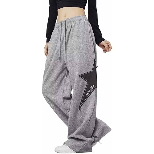 Female Star Printed Sports Pants Y2K Drawstring Elastic Waist Jogging Pants Street Loose Straight Leg Pants