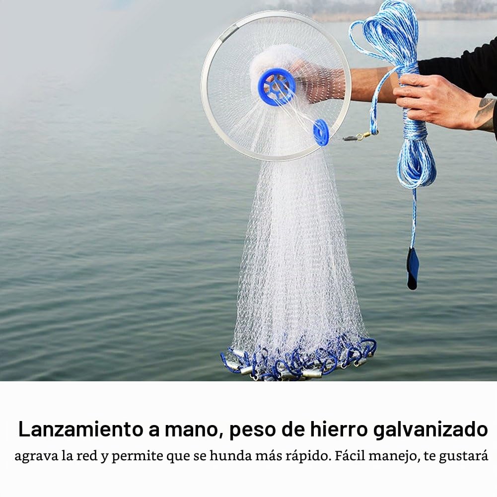 Cocoarm Red de pesca para mano, red de pesca de nailon, portátil, extensible, red de malla de nailon con cuerda de 8 m, anillo pesado de 3 diámetros