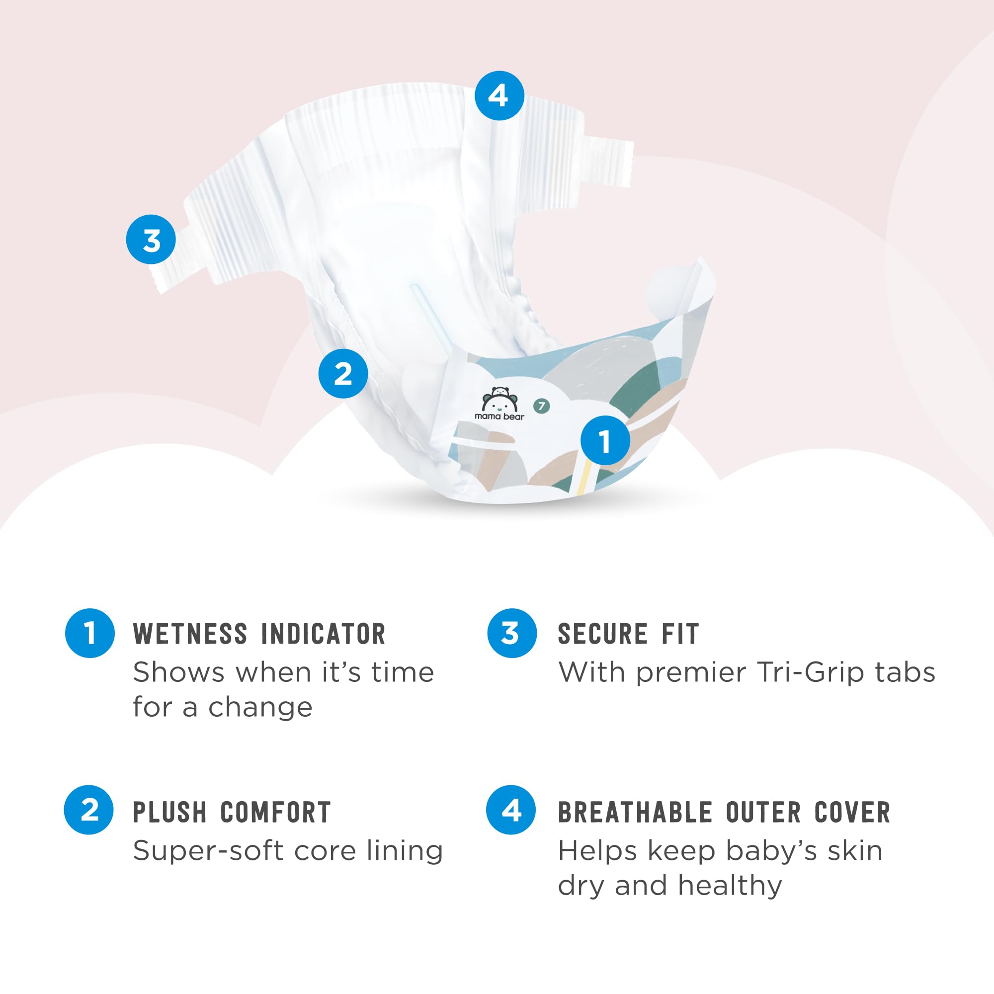 Amazon Brand - Mama Bear Plush Protection Diapers - Size 7, One Month Supply, Hypoallergenic Premium Disposable Baby Diapers, 92 Count (Pack of 4), White and Cloud Dreams