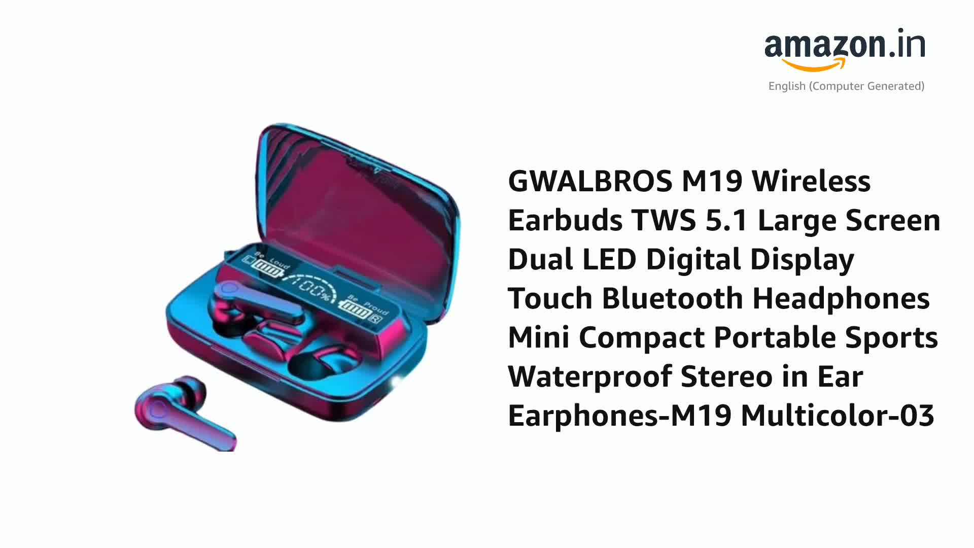 GWALBROS M19 Wireless Earbuds TWS 5.1 Large Screen Dual LED