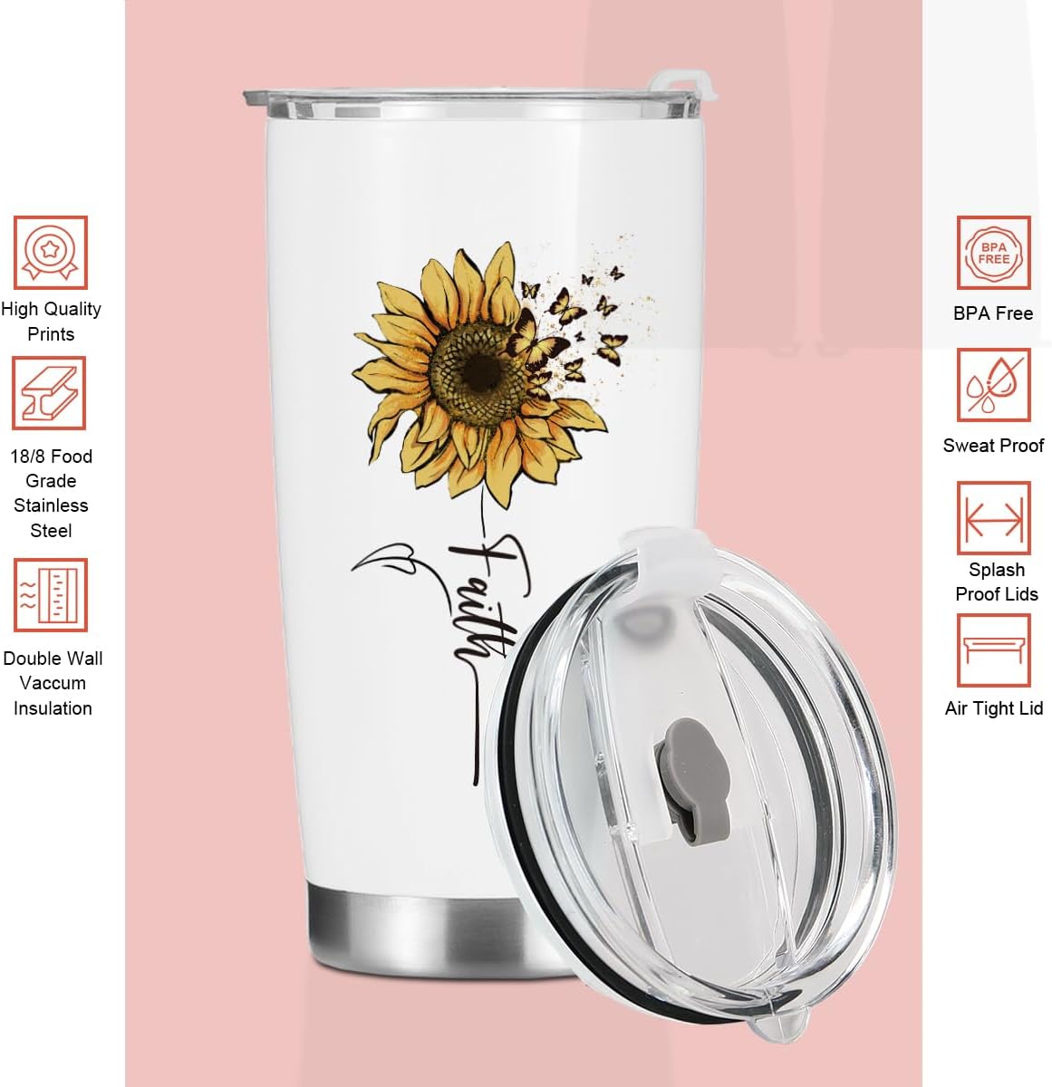 Sunflower Gifts for Women Best Friend Tumbler, Positive Butterfly Christian Gift Birthday Christmas, Faith Religious Gifts Coffee Mug Stainless Steel Vacuum Insulated Double Wall Travel Cup with Lid - Image 4