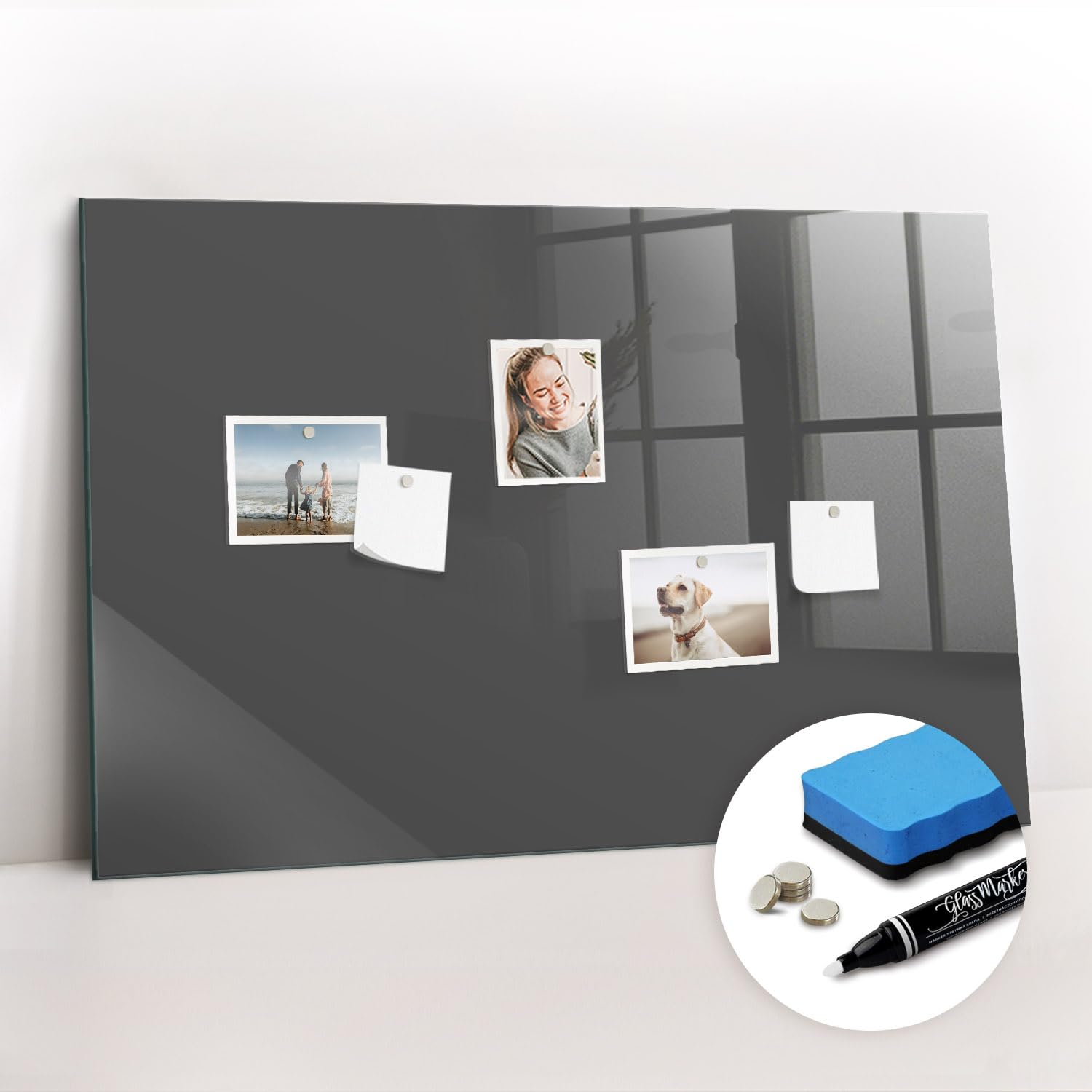 Elegante Glas-Magnettafel magnetisch | Set mit 5 Neodym-Magneten, Marker & Schwamm | Schreibbar, abwischbar & dekorativ | Für Küche, Büro, Homeoffice- 90x60 - Grau