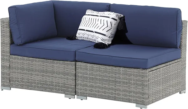 Patiorama 2-Piece Patio Furniture Set, Outdoor Sectional Sofa, All-Weather Grey PE Wicker Rattan Conversation Set,Outdoor Couch Loveseat,Patio Seating for Porch Balcony Garden Pool(Navy Blue Cushion)