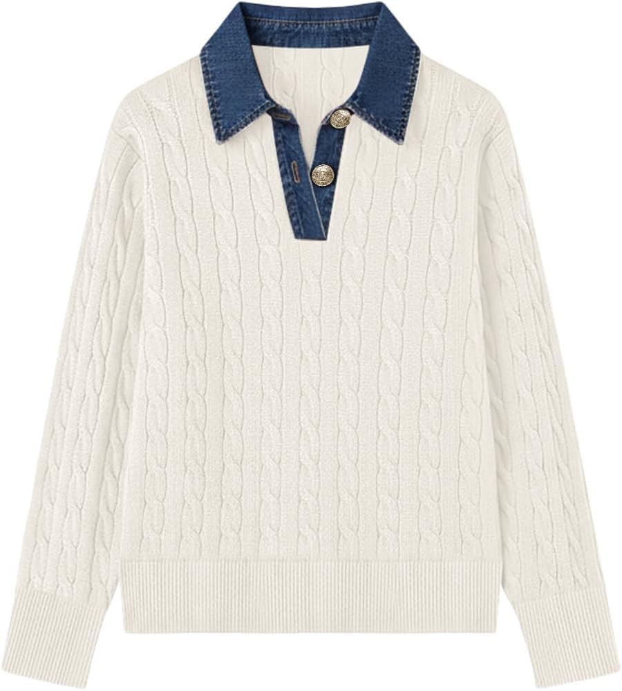 SAUKOLE Sweaters for Women Denim Lapel V Neck Buttons Closure Casual Long Sleeve Cable Knit Loose Pullover Sweater - Image 4