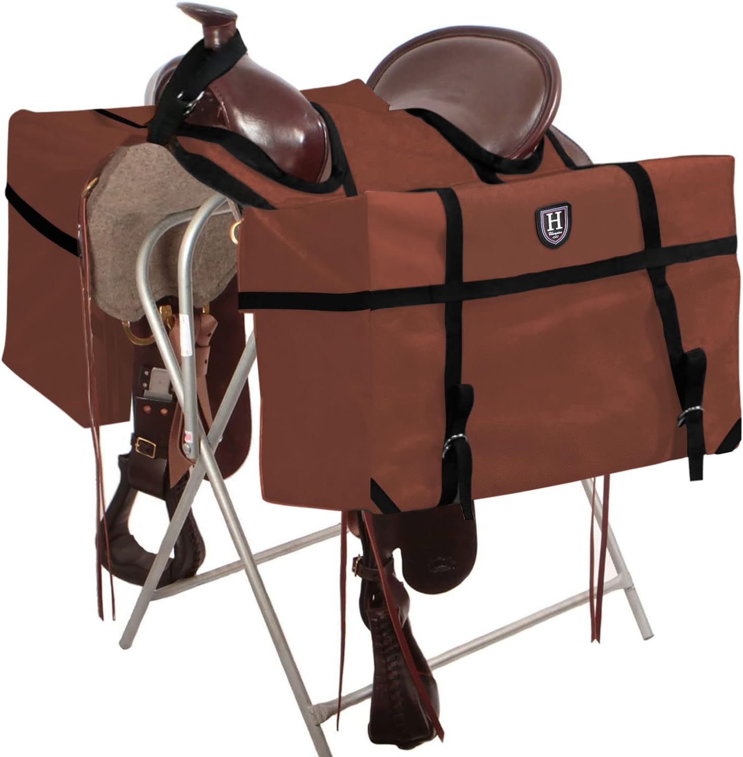 Harrison Howard Sturdy Secure Versatile Over-the-Horn Contoured No-Bounce Design Saddle Pack Pannier Bags Carrier Western Saddle Bag Brown