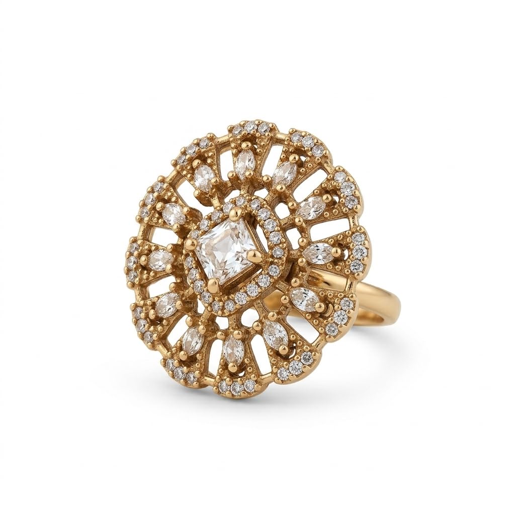 Mehndi Polish Gold-Plated American Diamond Floral Adjustable Ring with Crystal Stones for Women-image-16