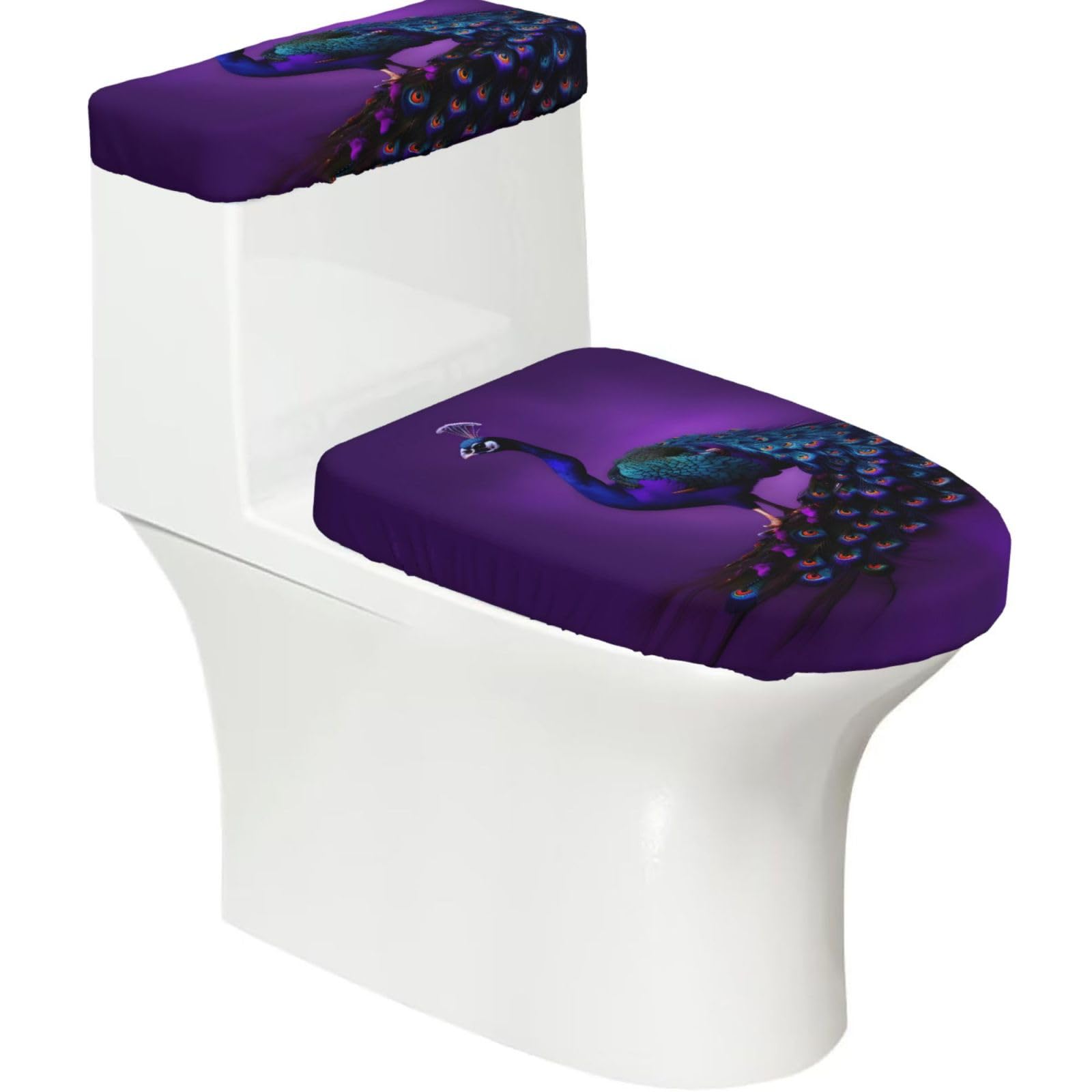 Flghjnbjn Black Purple Peacock Pattern Printed Toilet Tank And Lid Cover Set Of 2 For Most Bathrooms, Fits Elongated Round Toilets