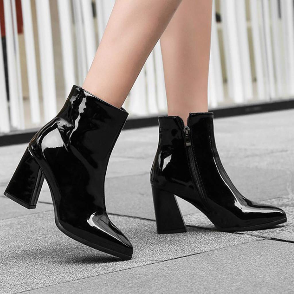 Biker-Stiefel für Damen, britische Damen-Schwarze Plateaustiefel, Kampfstiefel, Spitze Zehenpartie, Lackleder-Stiefeletten, Slip-on-Block-Bikerstiefel, einfarbige Business-Arbeitsstiefel, Elegante