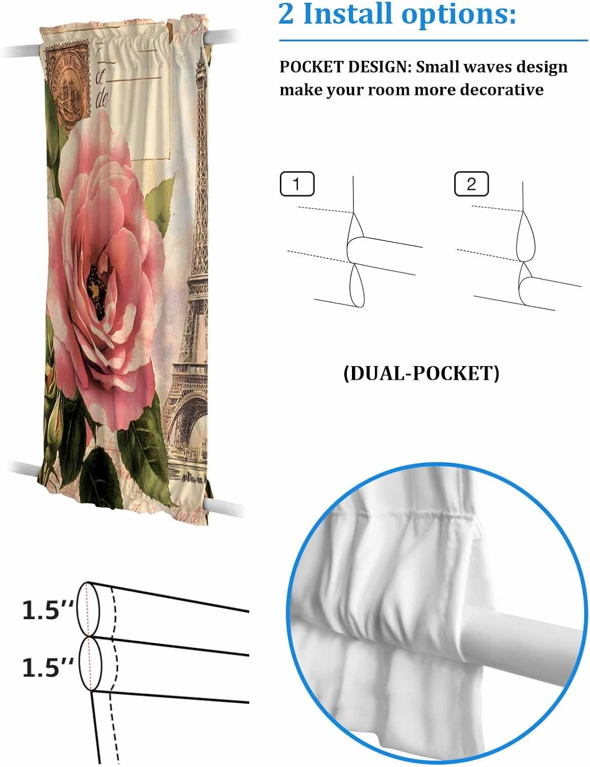 Vintage Floral French Door Curtain Sliding Front Door Curtains for Glass Window Blackout Thermal Privacy Retro Letter Tower Sidelight Curtains for Living Room Patio 25"x72" with Tieback