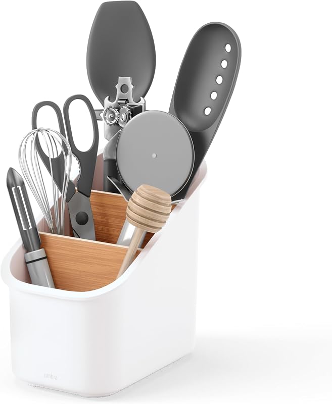 Bellwood Utensil Holder, Kitchen Storage Organizer, White/Natural | Three tier compartments, removable dividers, compact countertop fit, recycled plastic