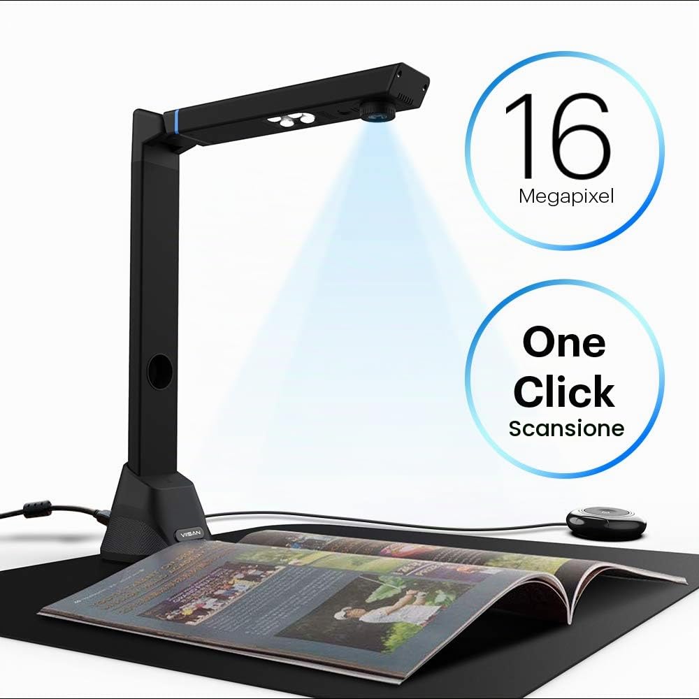 Viisan VK16 - Scanner digitale per documenti e libri formato A3, sensore da 16 MP, doppia pagina lisciatura e suddivisione automatica, riconoscimento testo, Visualizer scansione automatica, portatile