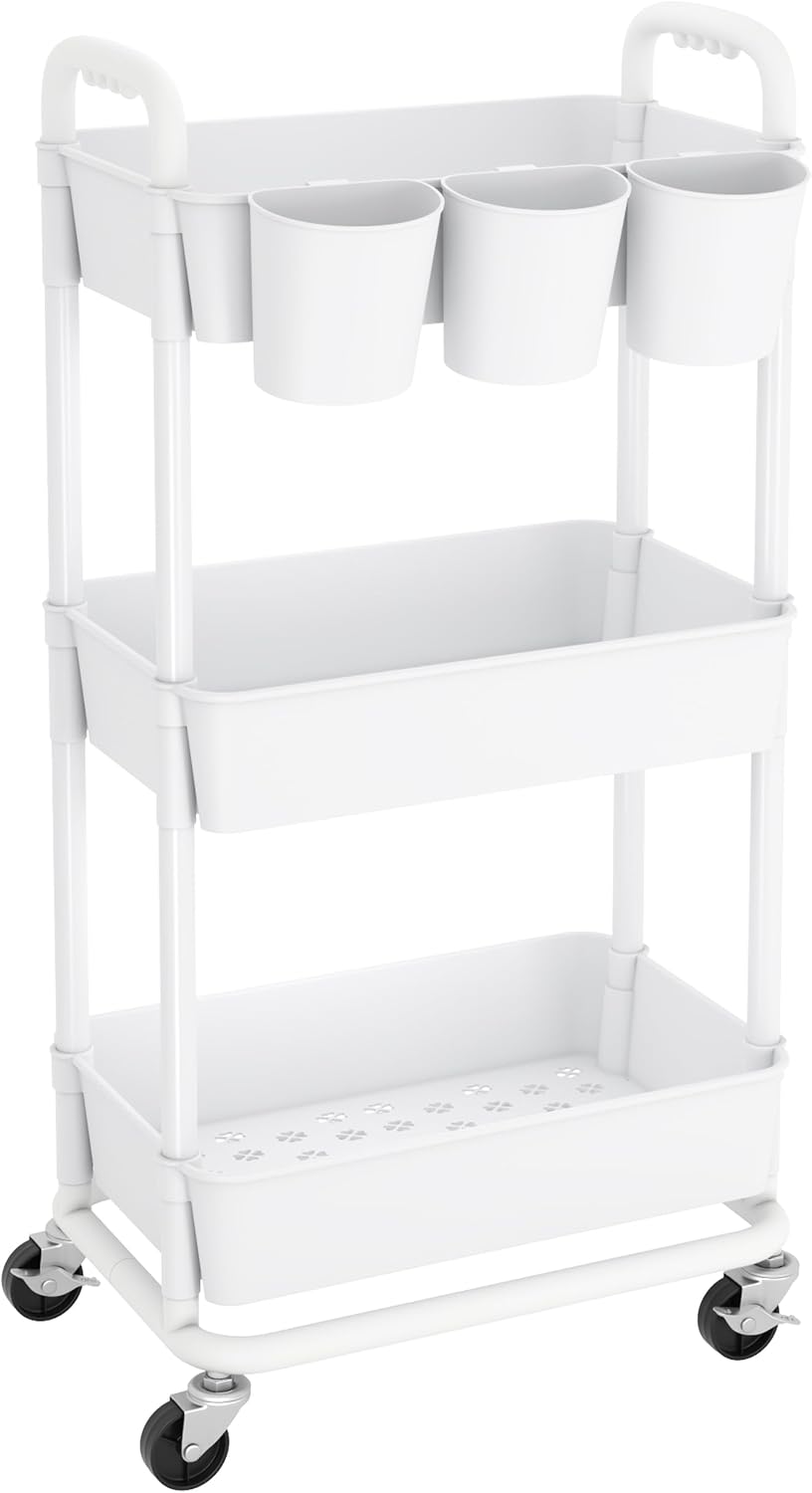 JIUYOTREE 3-Tier Plastic Rolling Storage Cart Utility Cart with Extra Hanging Cups Handles Lockable Wheels for Living Room Bathroom Kitchen Office White